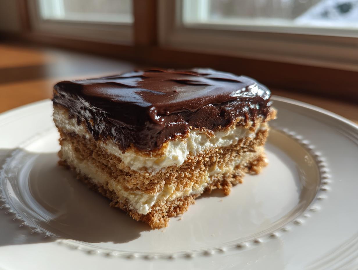 A close-up of a layered slice of chocolate eclair cake with graham cracker crust, cream filling, and glossy chocolate frosting.