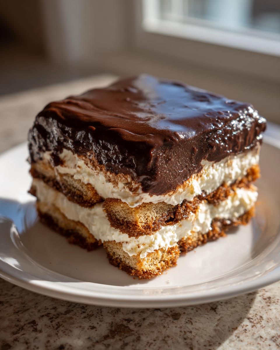 A square slice of chocolate eclair cake showing layers of graham crackers, cream filling, and thick chocolate glaze.