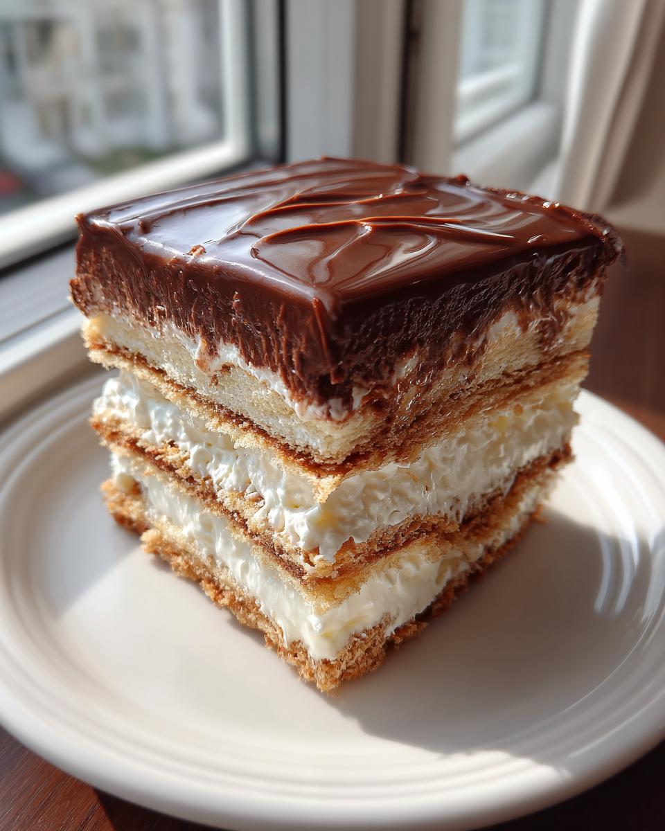 A tall, square slice of chocolate eclair cake featuring layers of graham crackers, white cream filling, and topped with rich chocolate ganache.