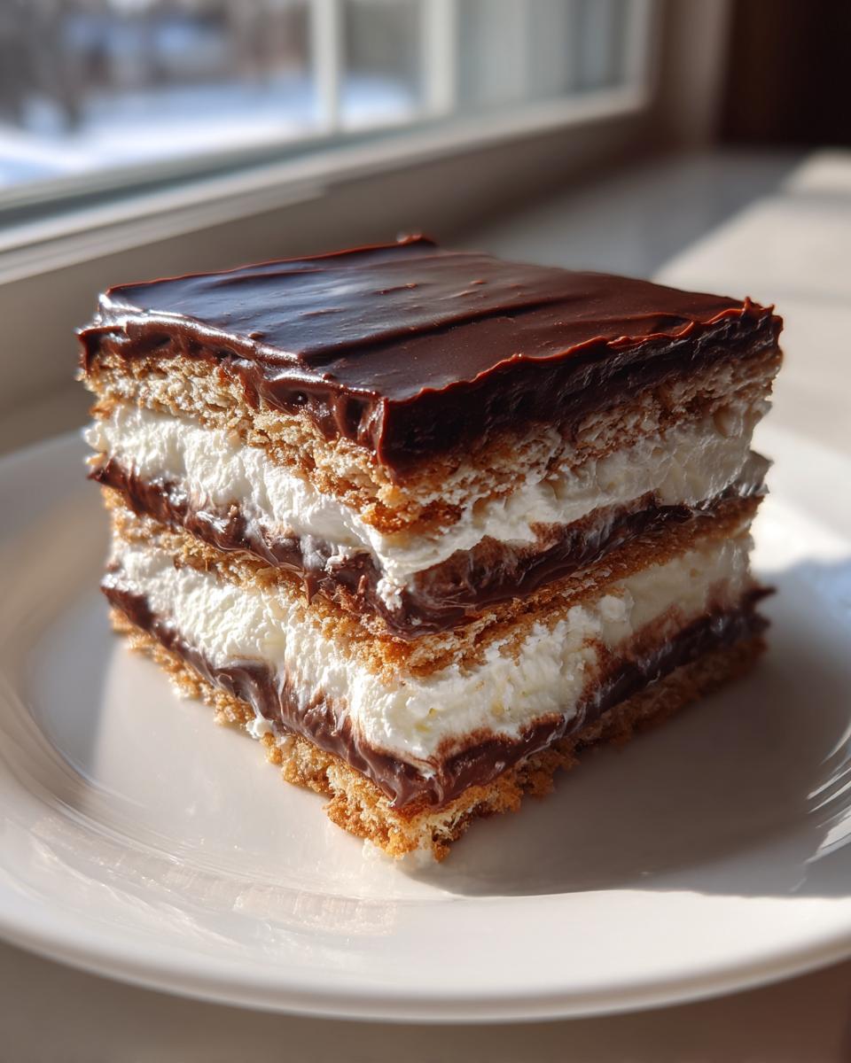 A square slice of layered chocolate eclair cake with graham cracker layers, white cream, and rich chocolate frosting.