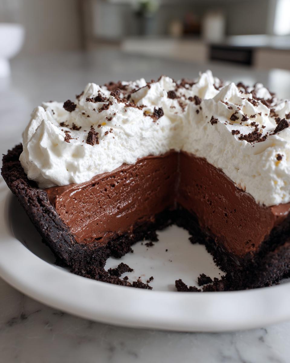 A close-up of a rich chocolate mousse pie with a dark crust, topped with whipped cream and chocolate crumbles.