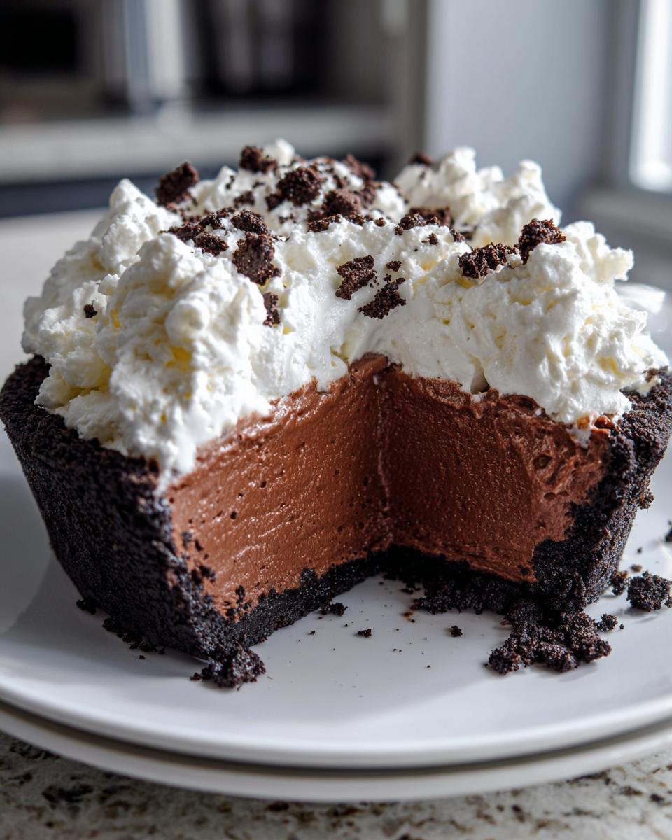 A close-up of a slice removed from a rich chocolate mousse pie, topped with whipped cream and chocolate crumbs.