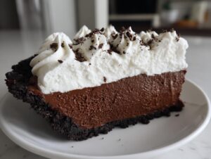 A decadent slice of chocolate mousse pie featuring a dark crust, rich filling, and piped whipped cream topping.