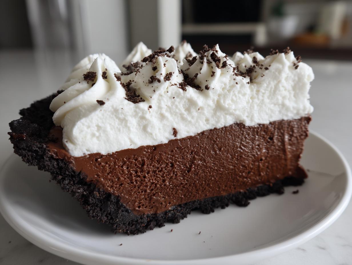 A decadent slice of chocolate mousse pie featuring a dark crust, rich filling, and piped whipped cream topping.