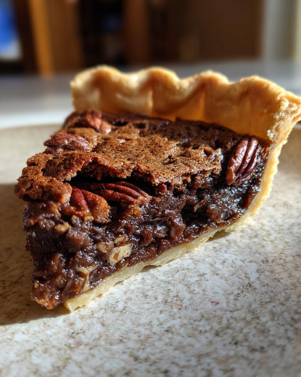 Close-up of a decadent slice of chocolate pecan pie showing the gooey filling and whole pecans, set against a speckled plate.
