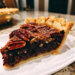 Close-up of a rich, dark slice of chocolate pecan pie showing the flaky crust and glossy pecan topping.