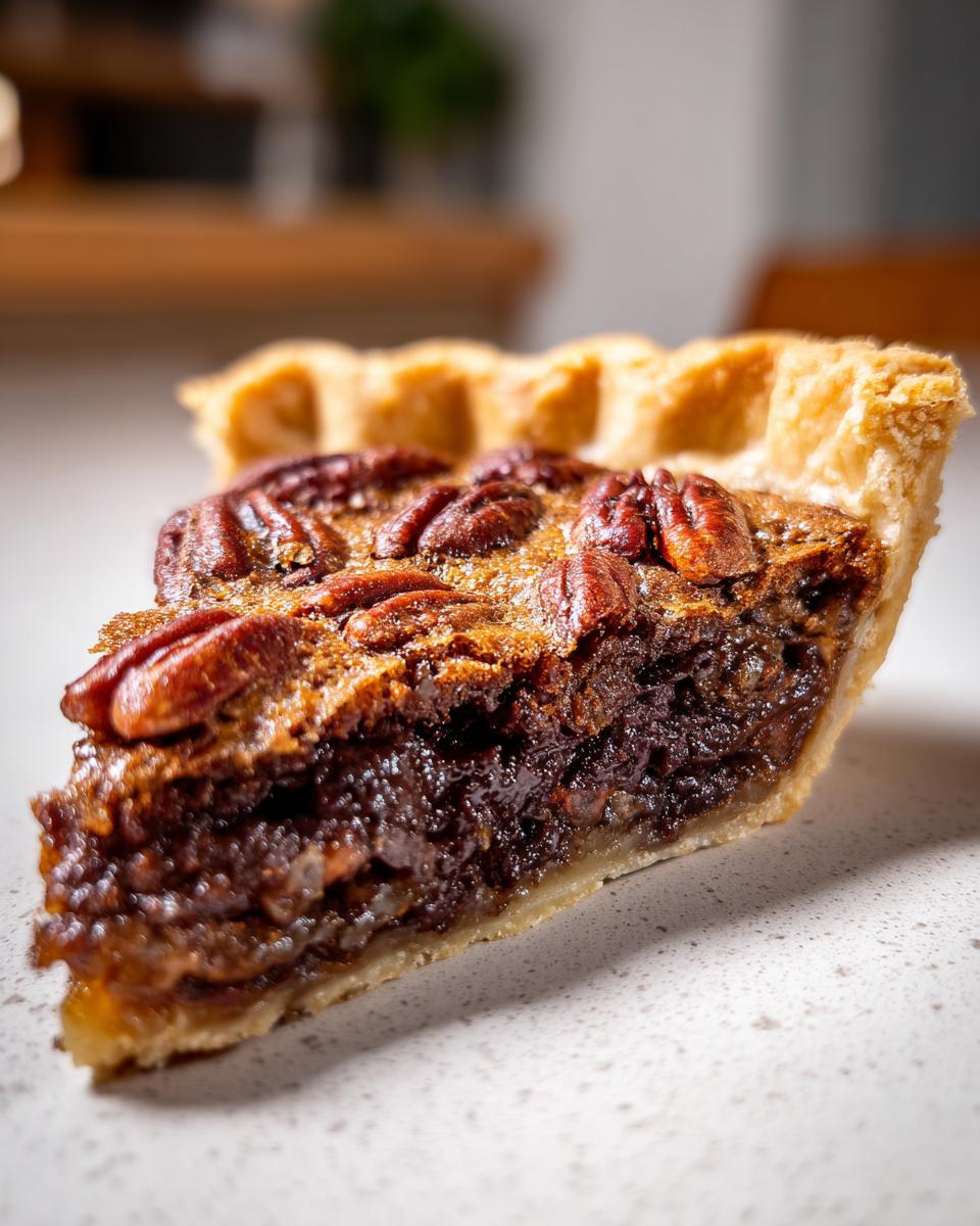 A close-up, cross-section view of a slice of chocolate pecan pie showing the gooey filling and whole pecans on top.
