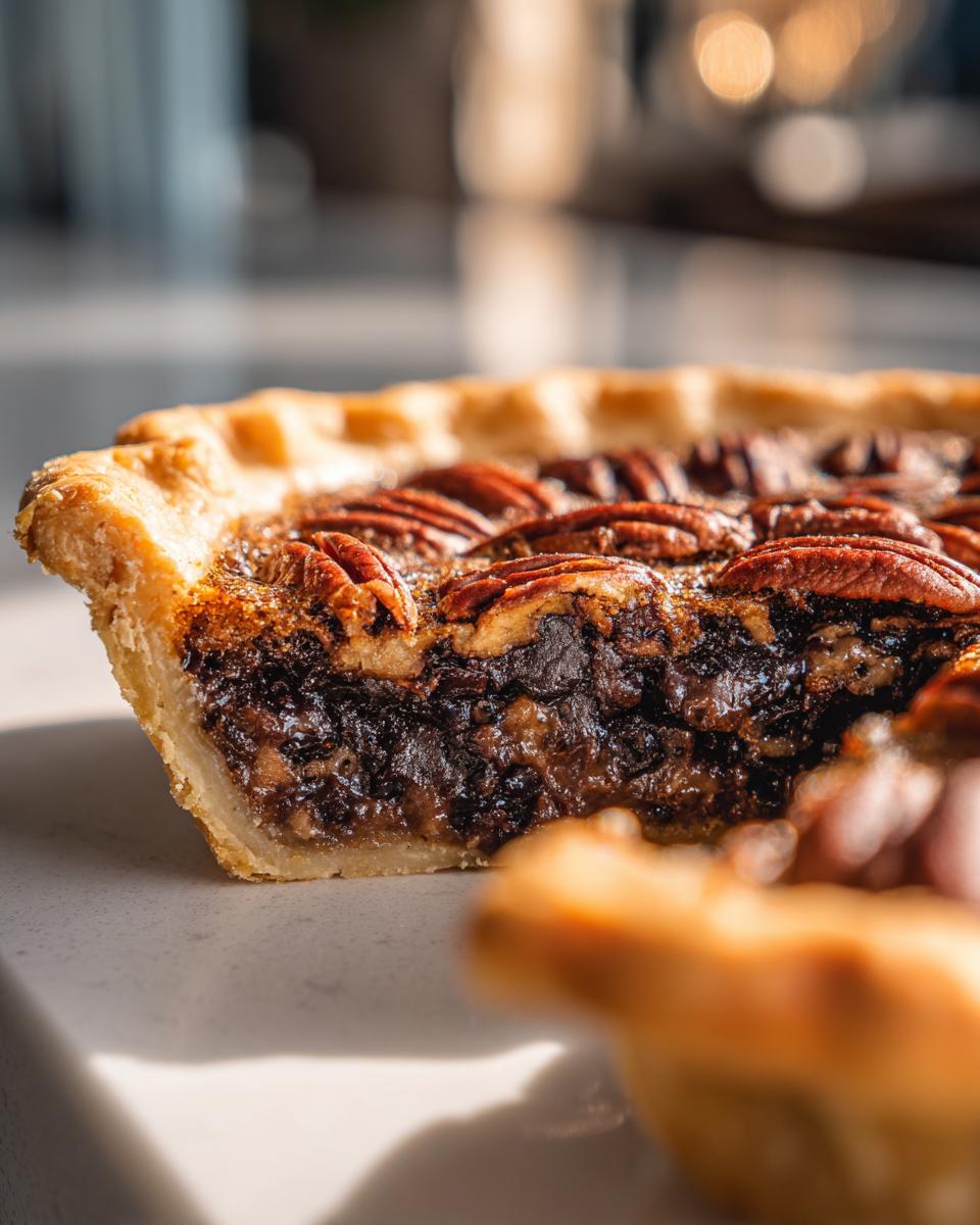 Close-up of a slice revealing the rich, dark filling and pecans of the amazing chocolate pecan pie.