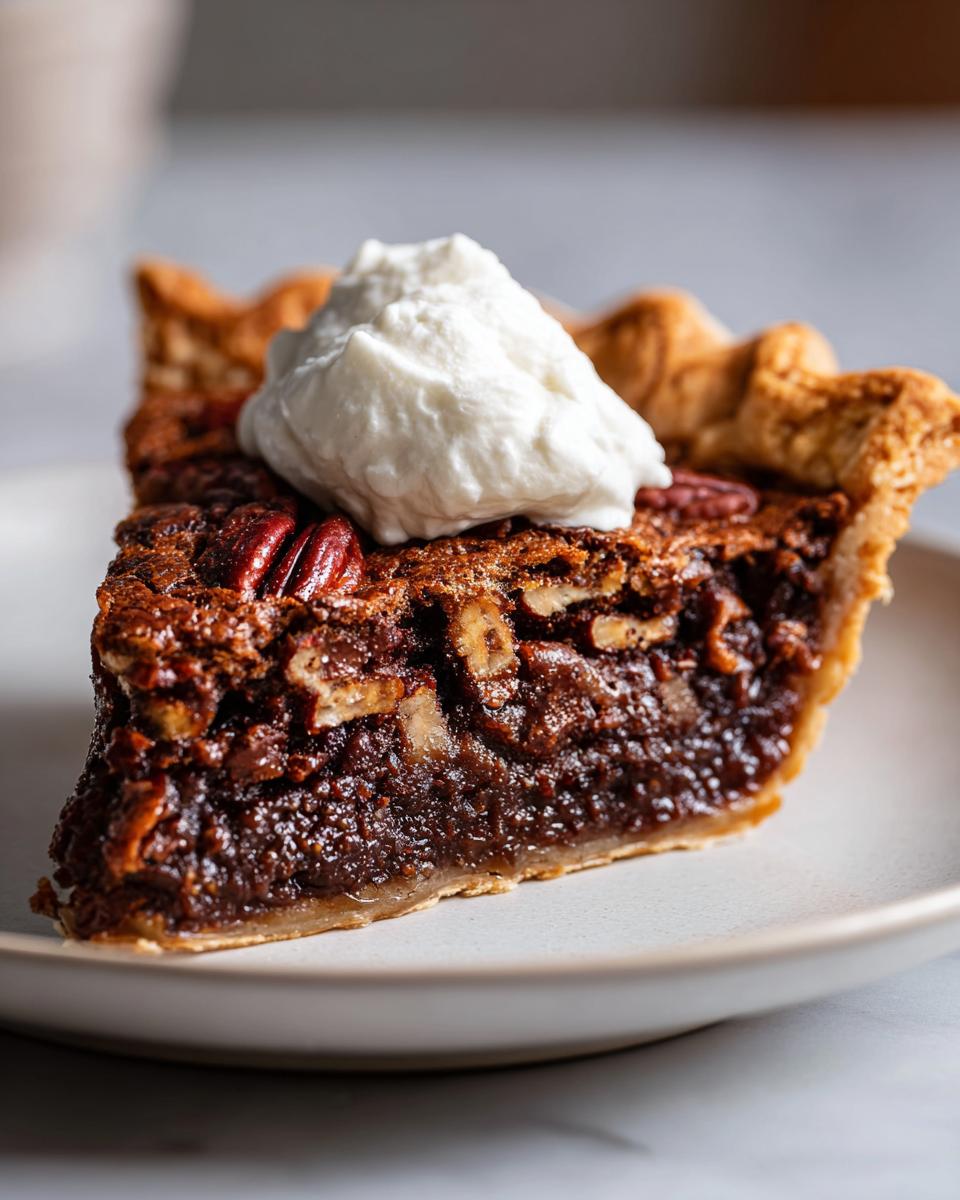 Close-up of a rich slice of chocolate pecan pie topped with a dollop of fresh whipped cream.