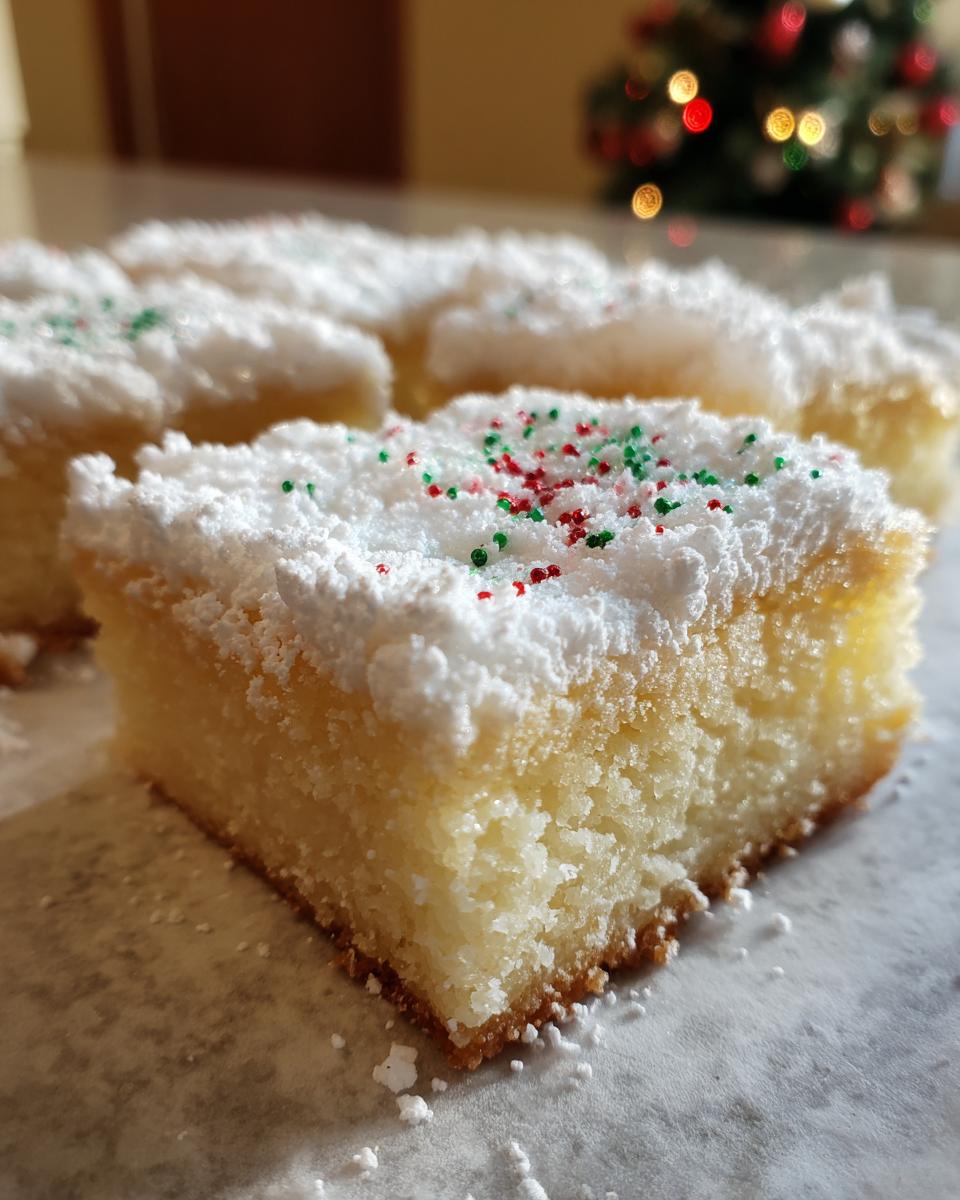 A close-up of a square Christmas gooey butter cookies topped with powdered sugar and red/green sprinkles, with a blurred tree in the background.