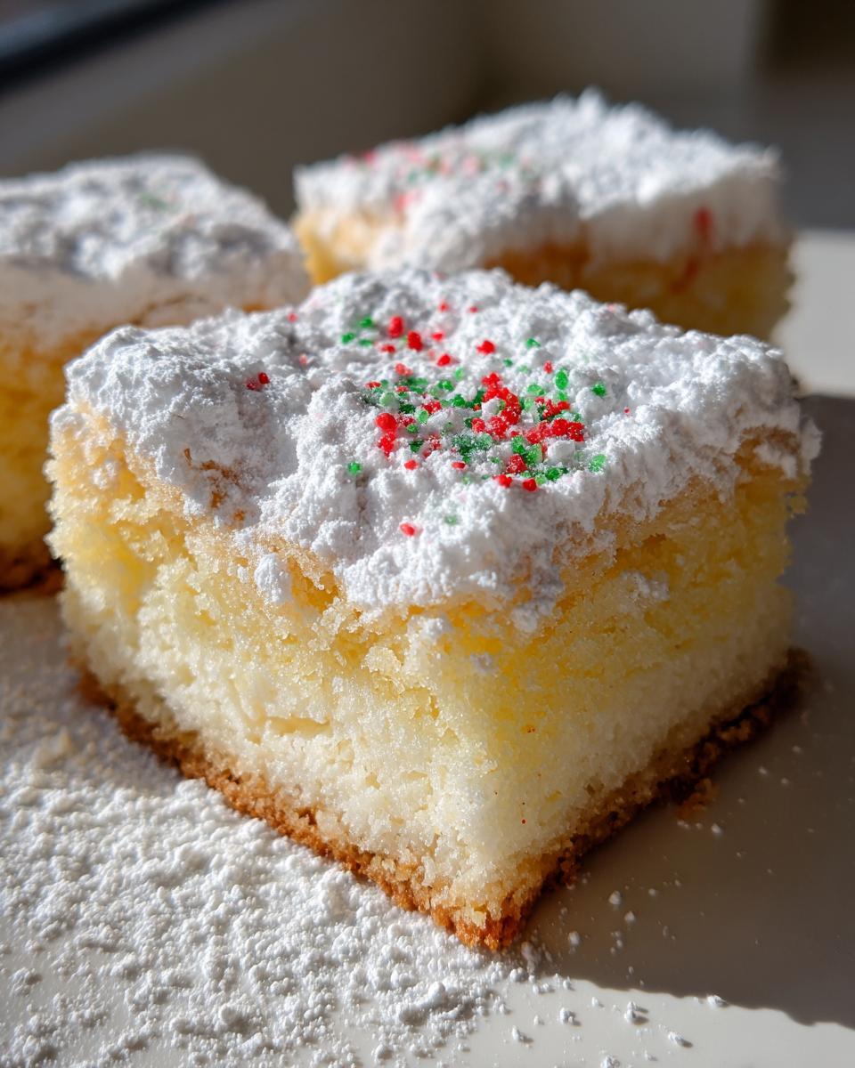 Close-up of a square slice of Christmas gooey butter cookies, topped with powdered sugar and red and green sprinkles.