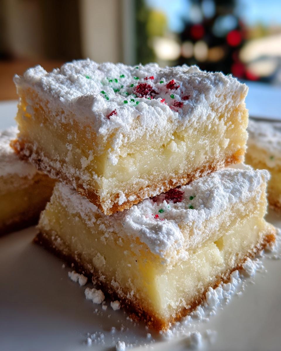 Two stacked squares of Christmas gooey butter cookies topped with powdered sugar and red/green sprinkles.