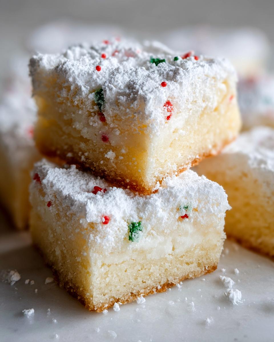 Two stacked squares of Christmas gooey butter cookies, topped with powdered sugar and red and green sprinkles.