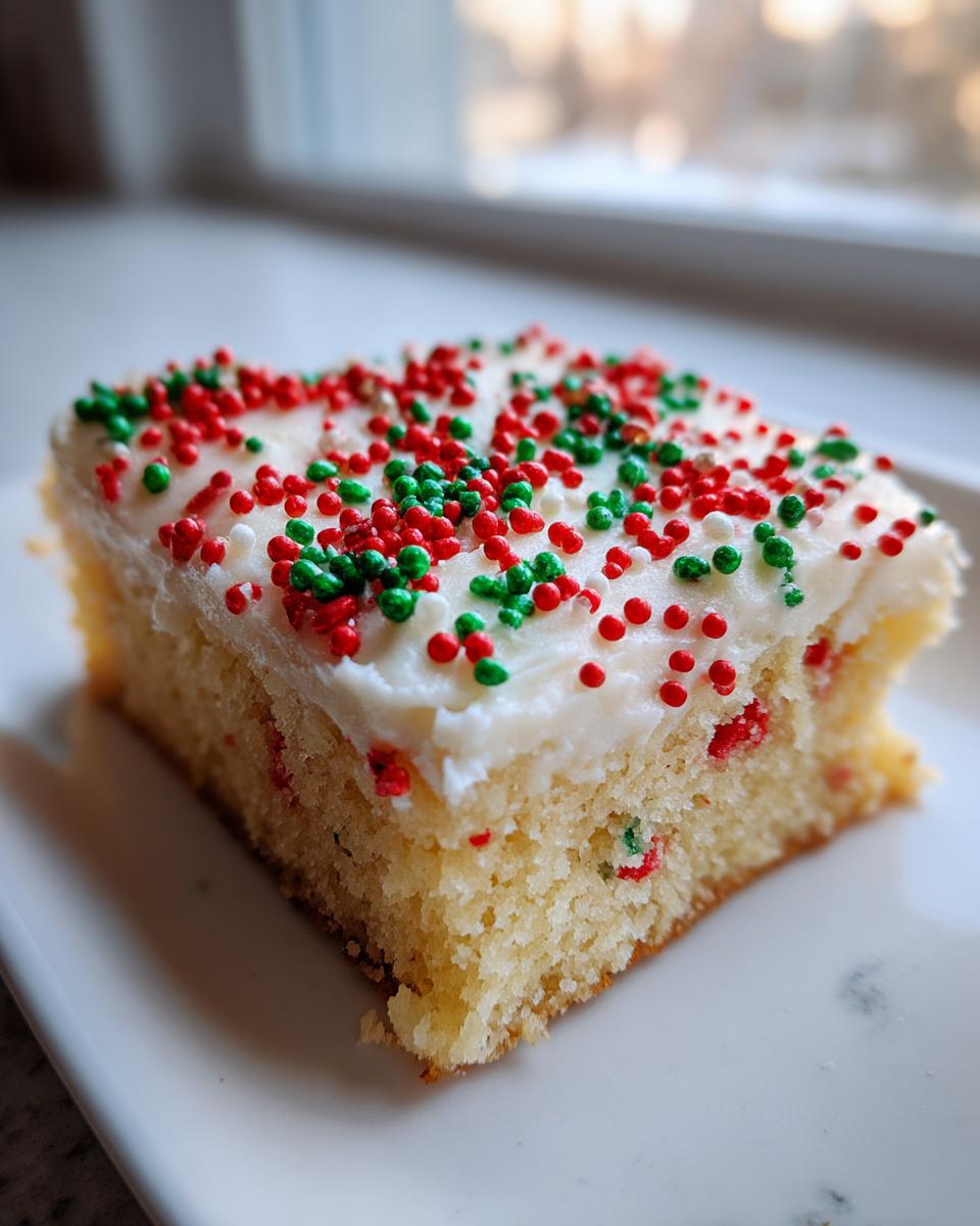 A single square slice of Christmas sugar cookie bars topped with white frosting and red and green sprinkles.