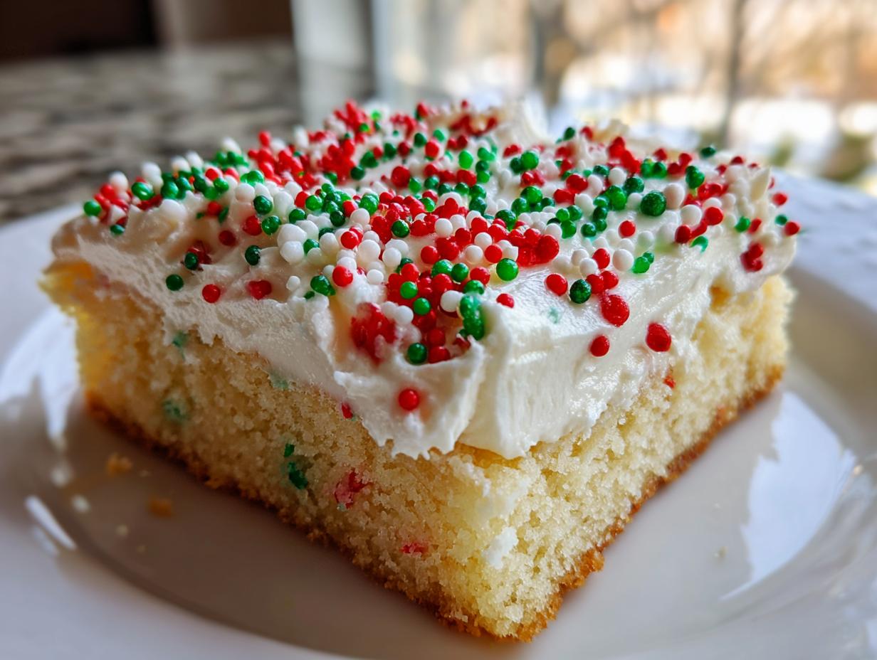 A close-up of a square slice of moist christmas sugar cookie bars topped with thick white frosting and red, green, and white sprinkles.
