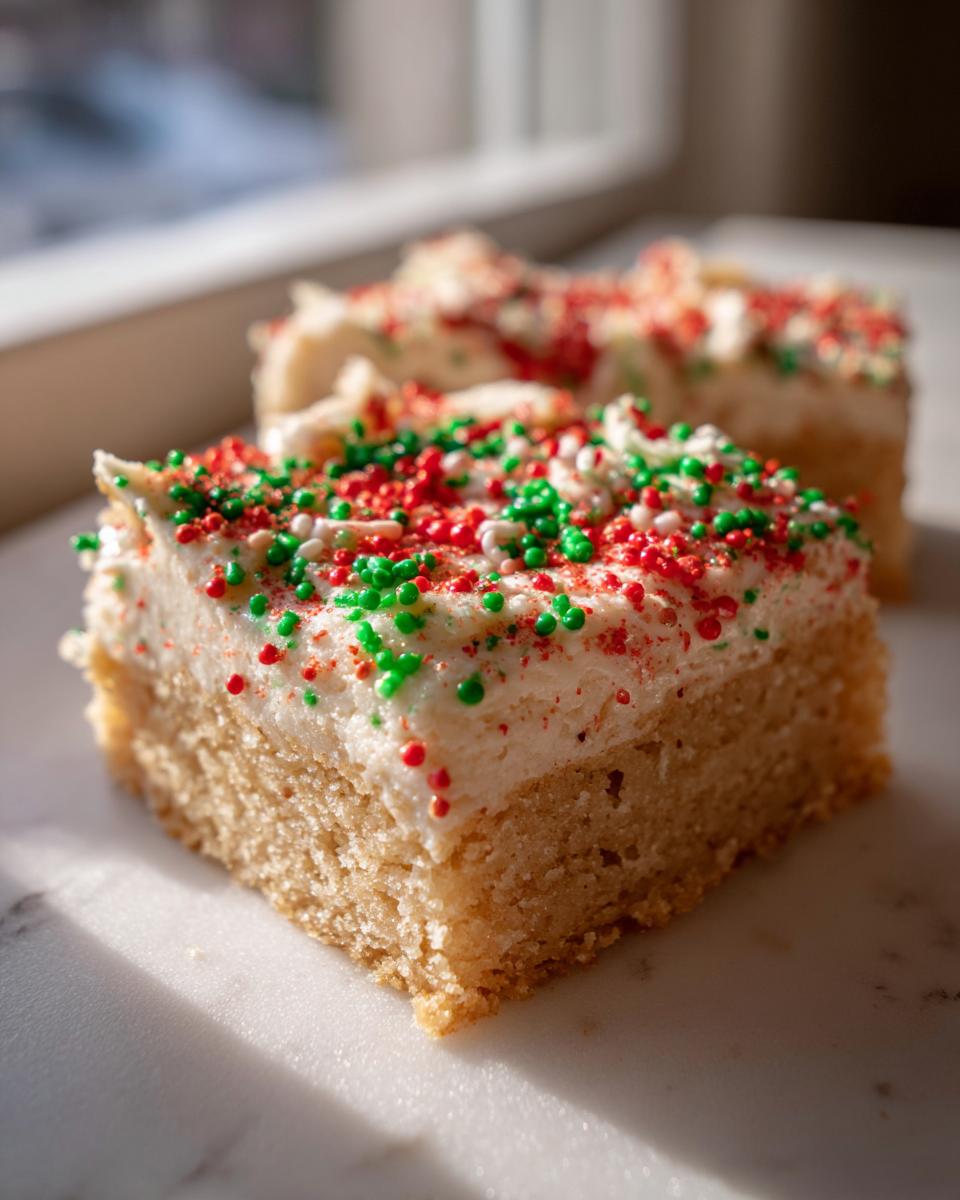 A close-up of a square slice of christmas sugar cookie bars topped with white frosting and red and green sprinkles.