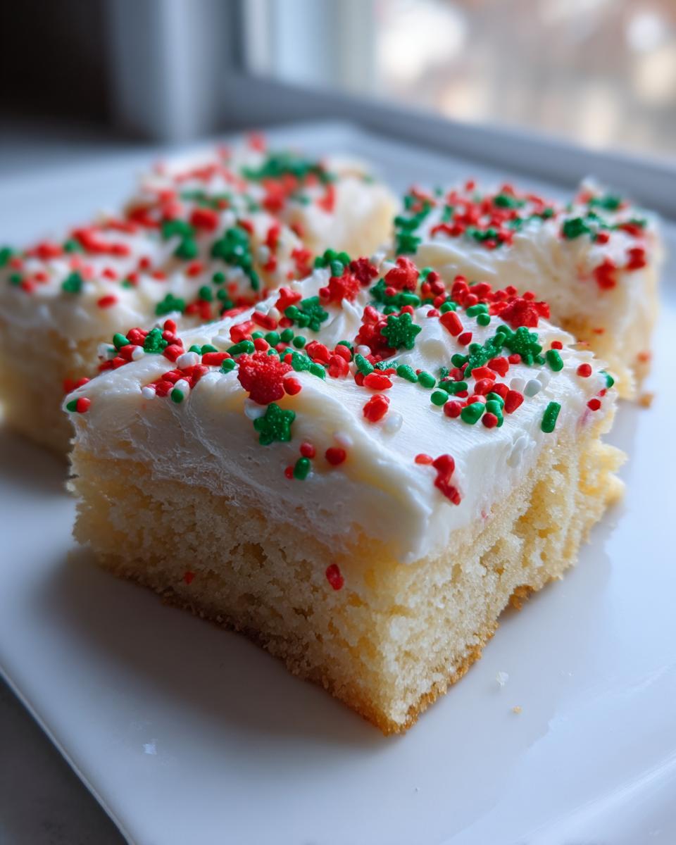 Three squares of soft christmas sugar cookie bars topped with thick white frosting and red and green holiday sprinkles.