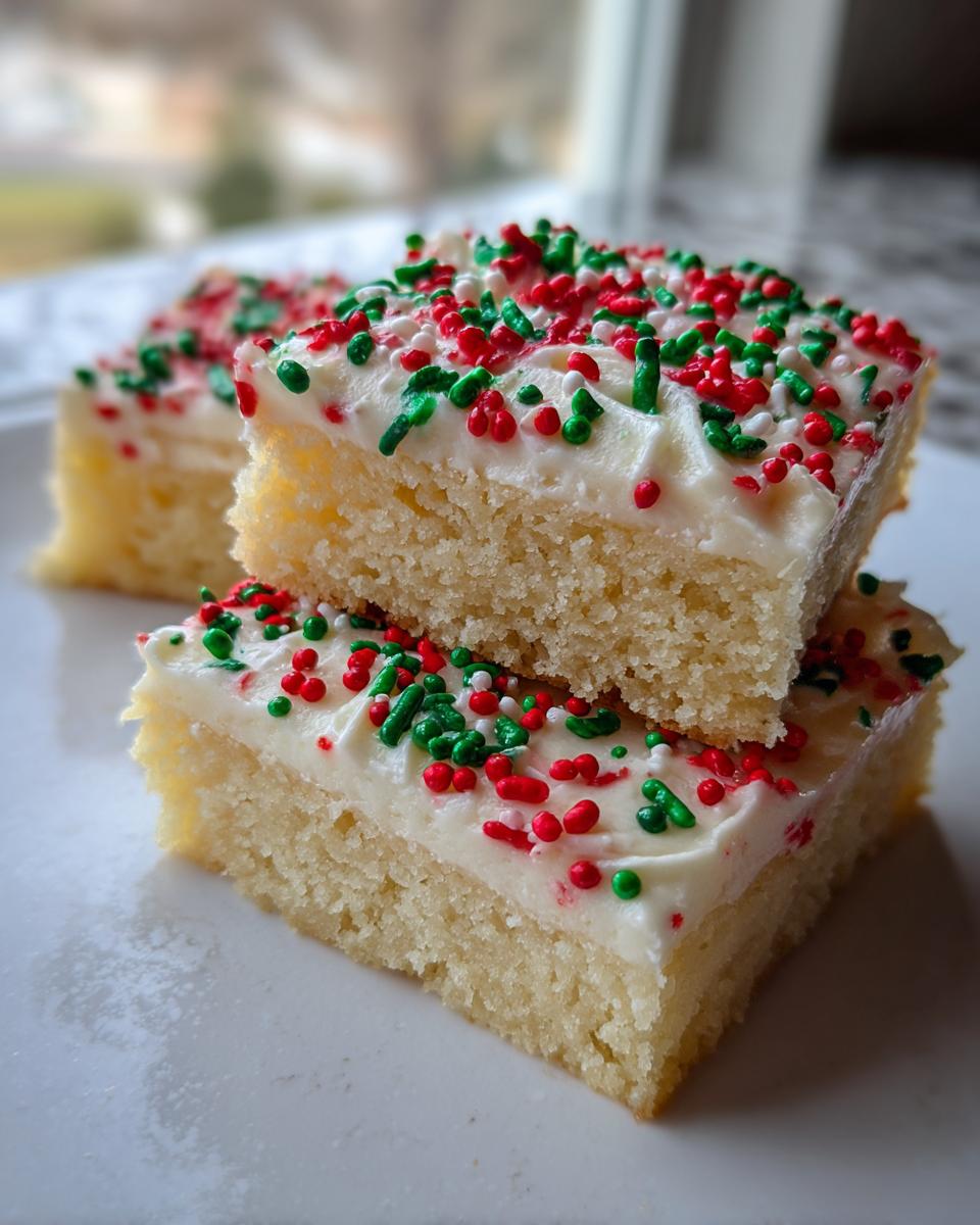 Two stacked squares of soft christmas sugar cookie bars topped with white frosting and red and green holiday sprinkles.