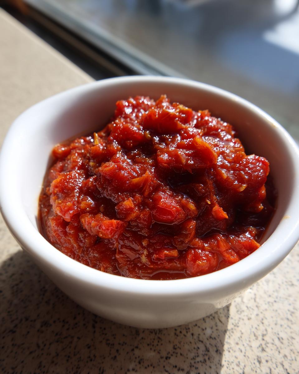 Close-up of a small white bowl filled with rich, chunky homemade tomato sauce, glistening in the sunlight.
