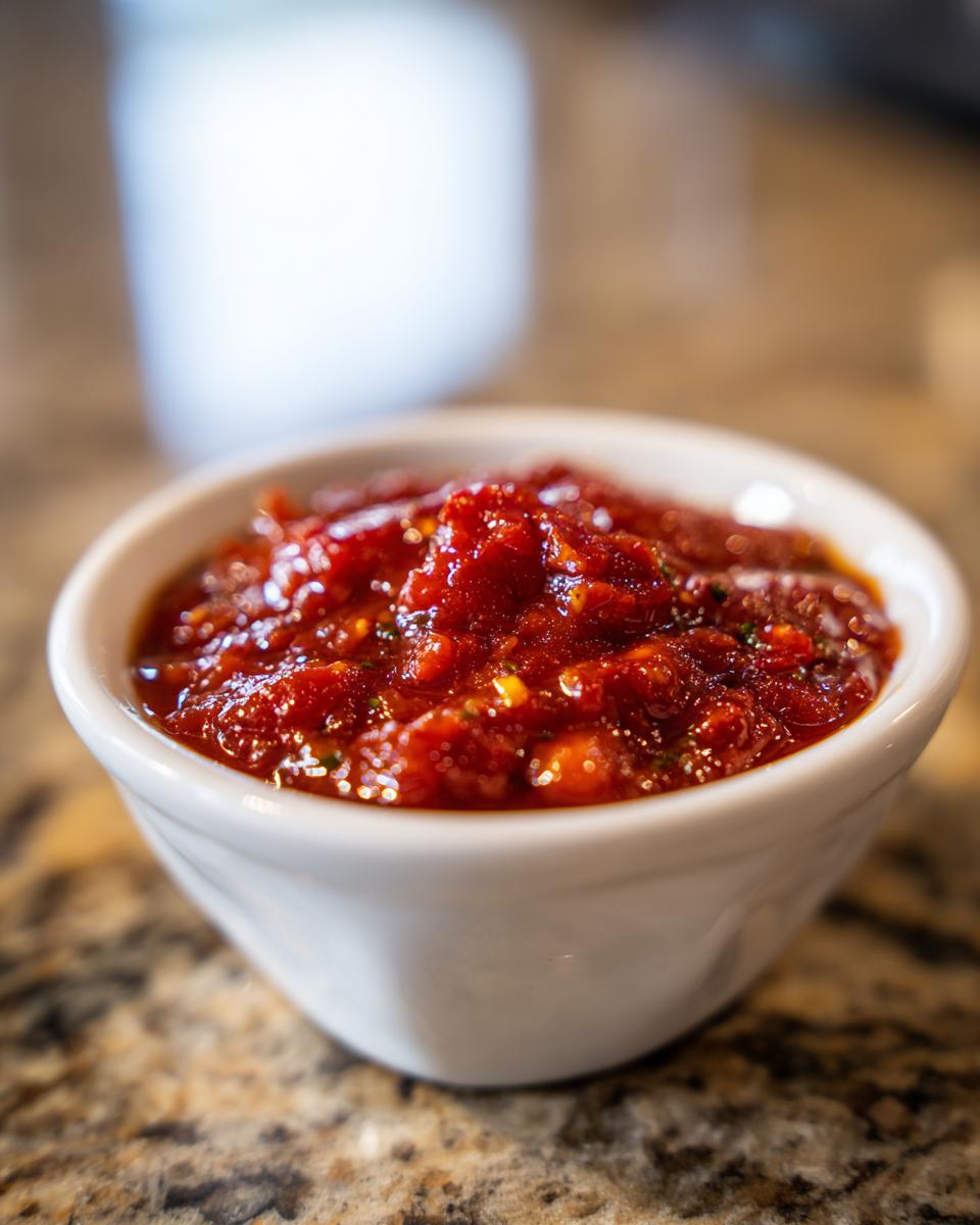 Close-up of a small white bowl filled with rich, chunky tomato sauce, showing visible herbs and texture.