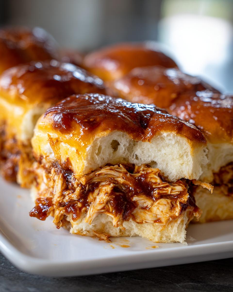 A close-up of one of the bbq chicken sliders pulled apart, showing shredded chicken coated in rich BBQ sauce nestled in a soft, glazed roll.