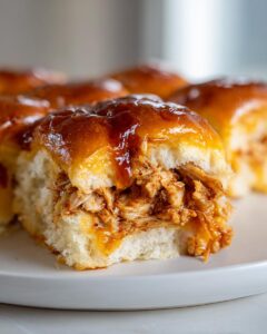 Close-up of a soft, glazed bun filled with shredded bbq chicken sliders, dripping with sauce.