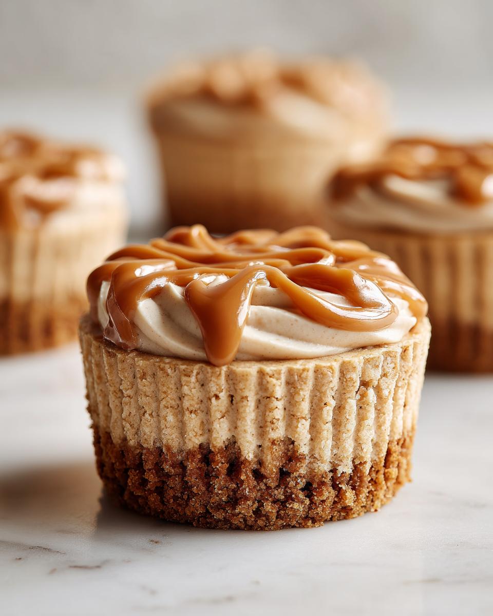 A single, decadent cookie butter cheesecake cup topped with piped cream and a generous swirl of caramel sauce.