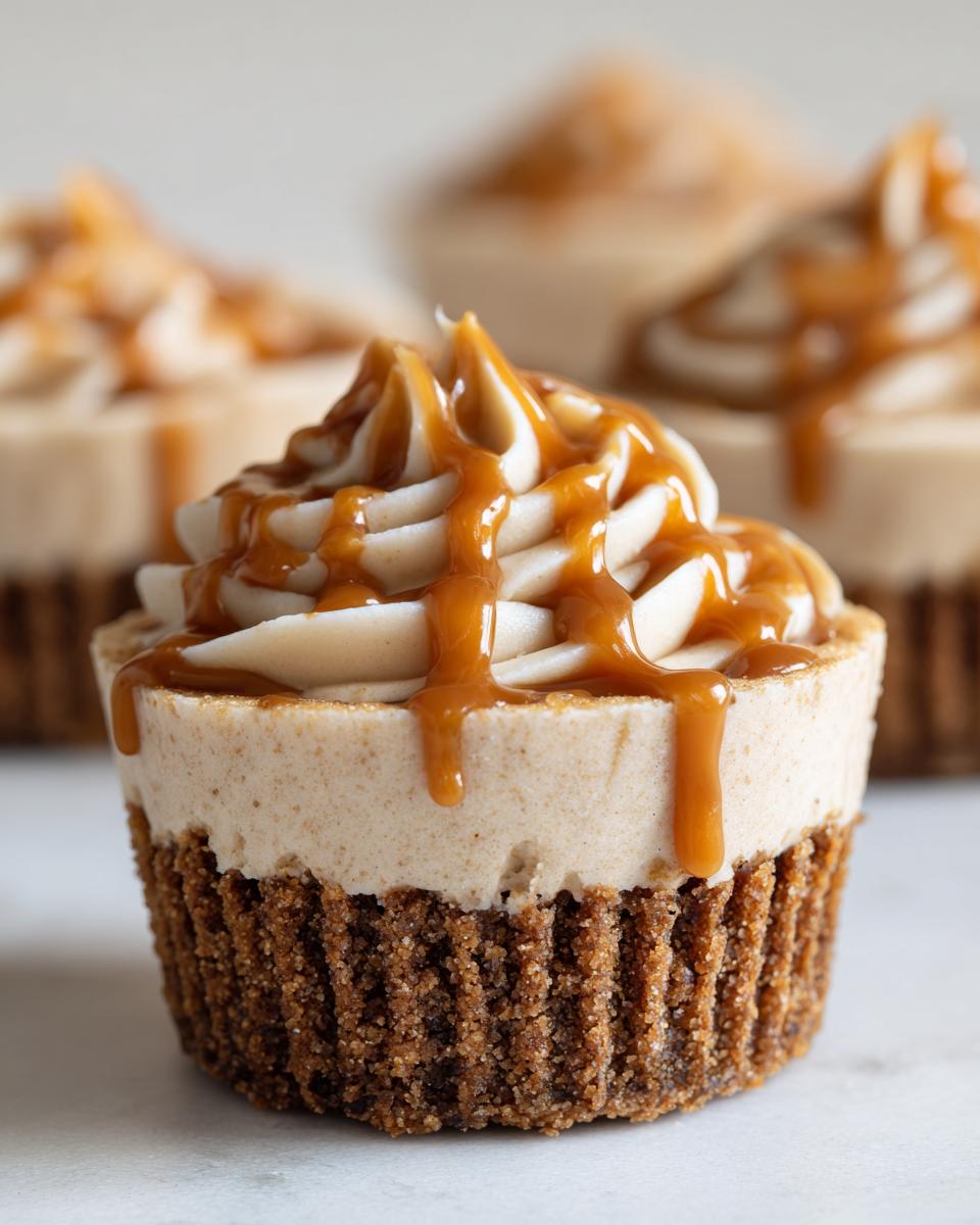 A single, decadent cookie butter cheesecake cup topped with piped frosting and a thick caramel drizzle.