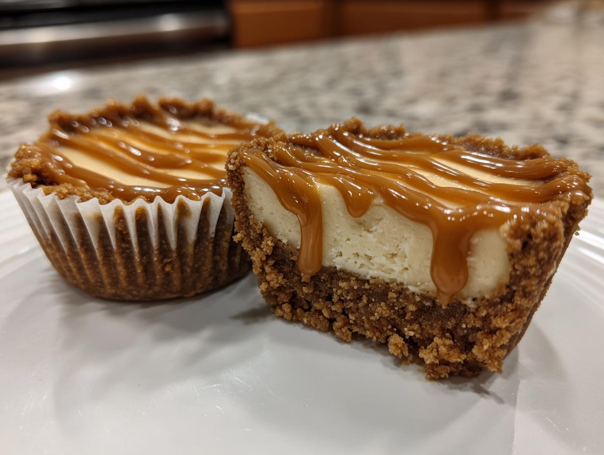 Two cookie butter cheesecake cups on a white plate, one cut in half showing the thick crust and creamy filling topped with caramel.