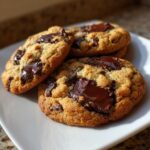 Three freshly baked cream cheese chocolate chip cookies stacked on a white plate with melted chocolate pools.