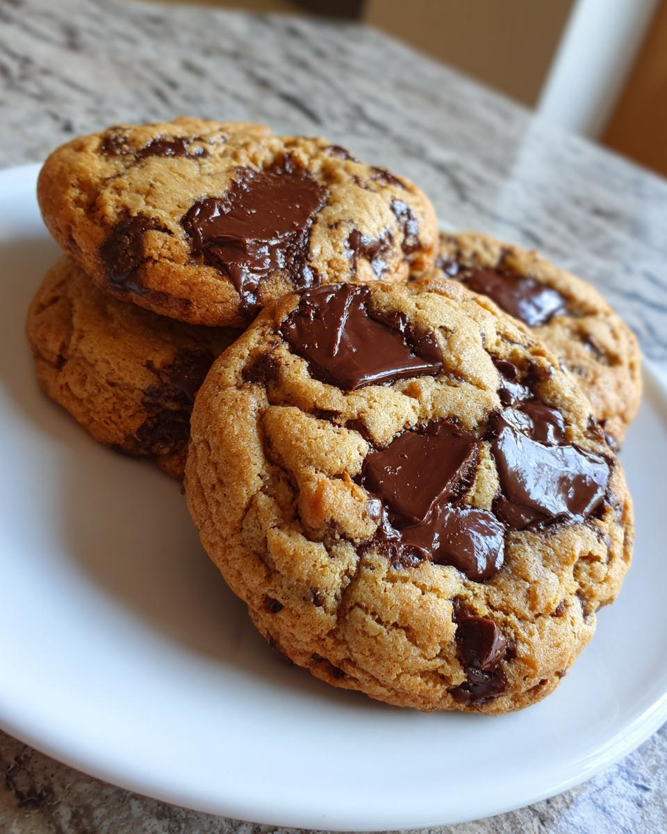 Close-up of several freshly baked cream cheese chocolate chip cookies stacked on a white plate with melted chocolate pools.