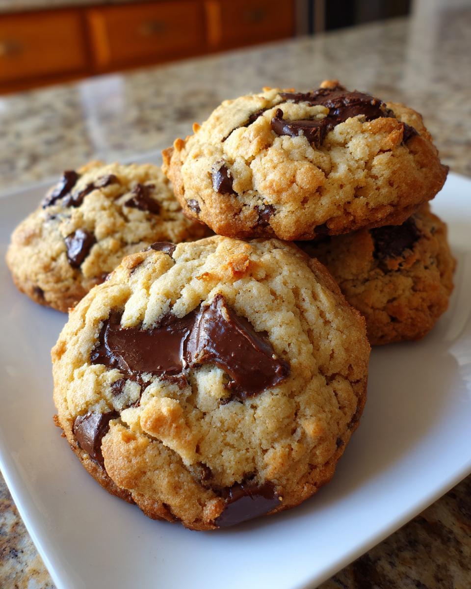 Close-up of thick, soft cream cheese chocolate chip cookies piled on a white plate with melted chocolate chunks.
