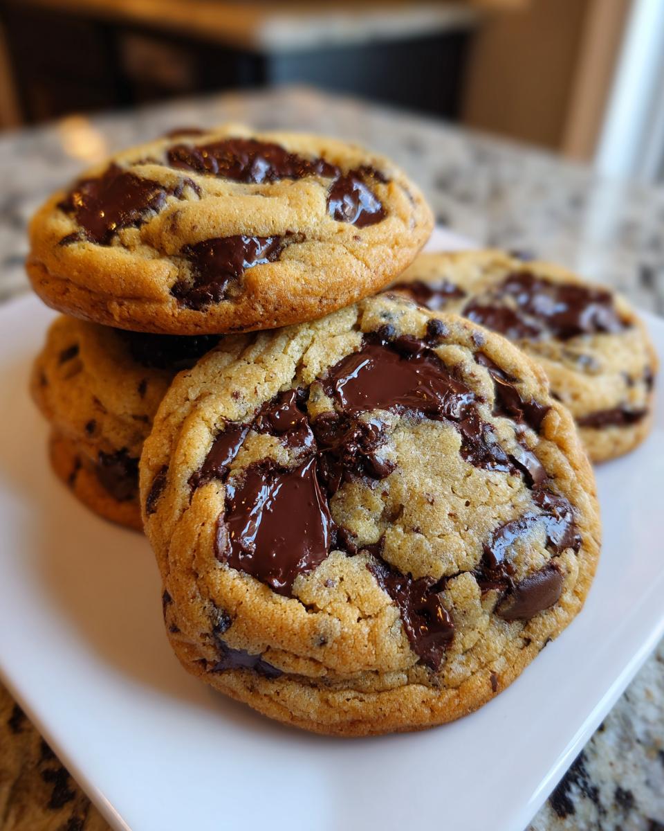 Close-up of several thick, gooey cream cheese chocolate chip cookies stacked on a white plate.