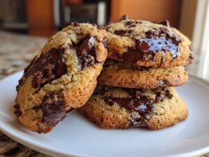 A stack of four freshly baked cream cheese chocolate chip cookies with gooey, melted chocolate chunks.