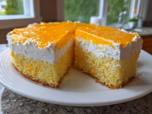 A thick slice of Creamsicle Cake showing layers of orange sponge, white whipped topping, and bright orange glaze.
