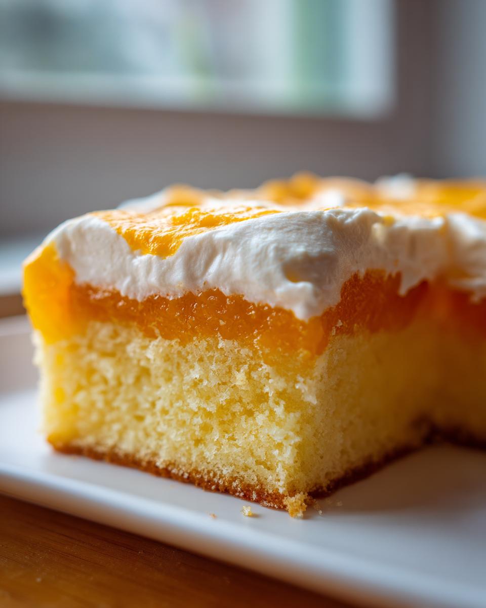 Close-up of a moist slice of Creamsicle Cake showing layers of yellow sponge, orange filling, and white whipped topping.