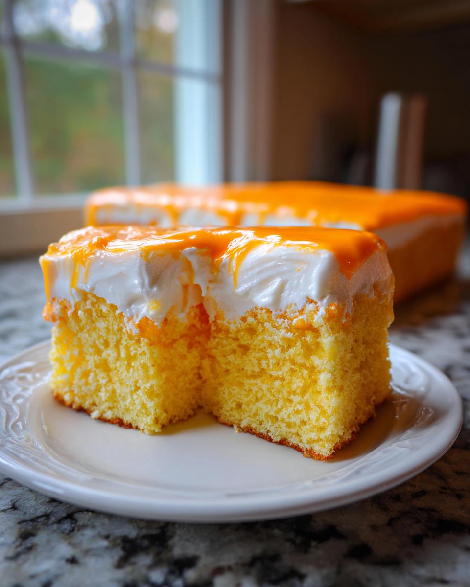 Two squares of moist yellow Creamsicle Cake topped with white frosting and dripping orange glaze.