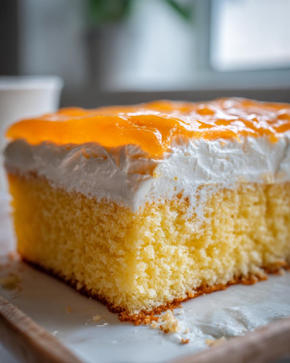 Close-up of a moist slice of Creamsicle Cake showing the yellow sponge, white whipped topping, and bright orange glaze.