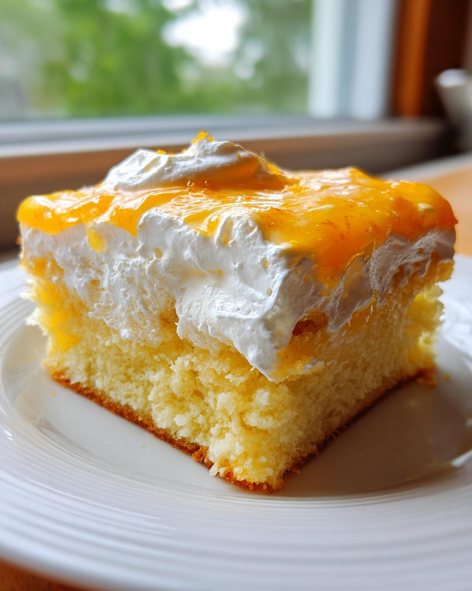 Close-up of a moist slice of Creamsicle Cake featuring yellow sponge, white whipped topping, and orange glaze.