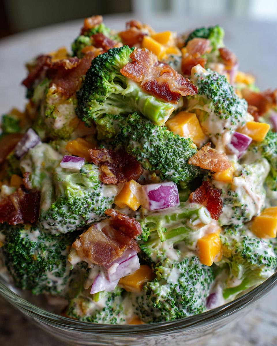 Close-up of a creamy broccoli salad featuring fresh broccoli florets, cheddar cheese cubes, red onion, and crispy bacon pieces.