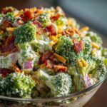 Close-up of a creamy broccoli salad mixed with bacon bits, shredded cheddar cheese, and red onion pieces.