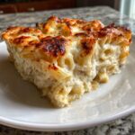 A close-up of a rich, creamy slice of baked pasta bake with a perfectly browned and bubbly cheese crust.