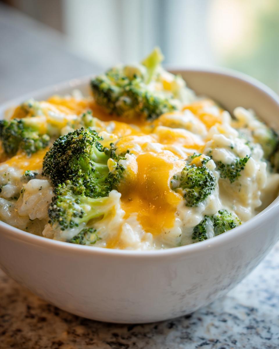 A close-up of a serving of creamy broccoli rice topped with melted cheddar cheese in a white bowl.