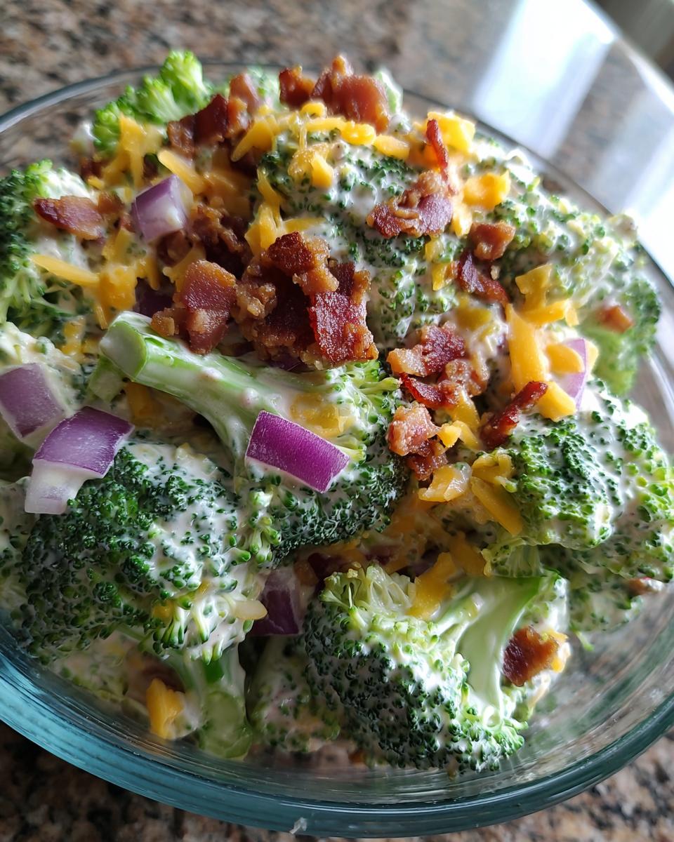 Close-up view of a bowl filled with creamy broccoli salad, topped with bacon bits, shredded cheddar cheese, and red onion chunks.