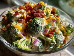 Close-up of a glass bowl filled with creamy broccoli salad, topped with shredded cheddar cheese, crispy bacon bits, and red onion.