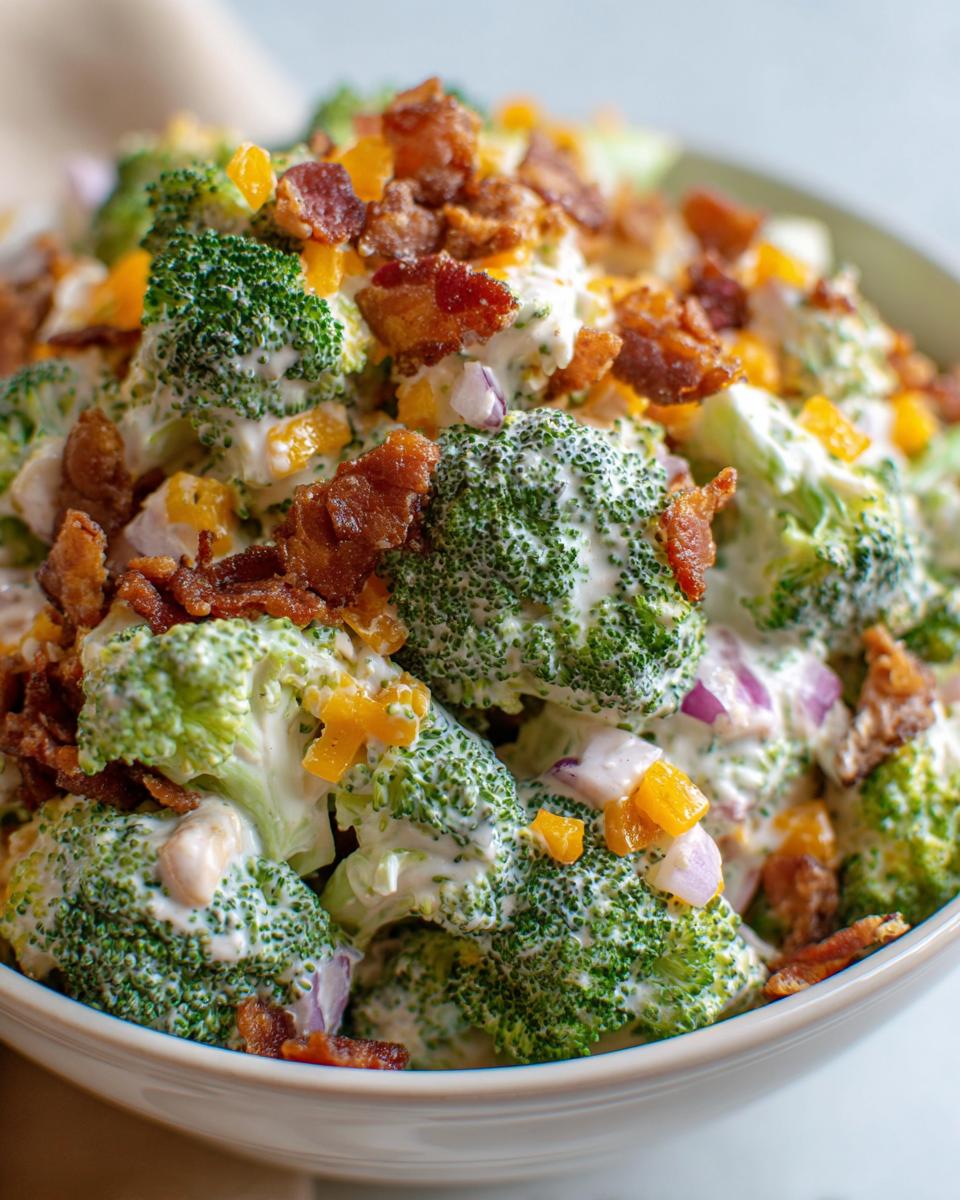 A close-up shot of a creamy broccoli salad featuring fresh broccoli florets, bacon bits, cheddar cheese, and red onion.