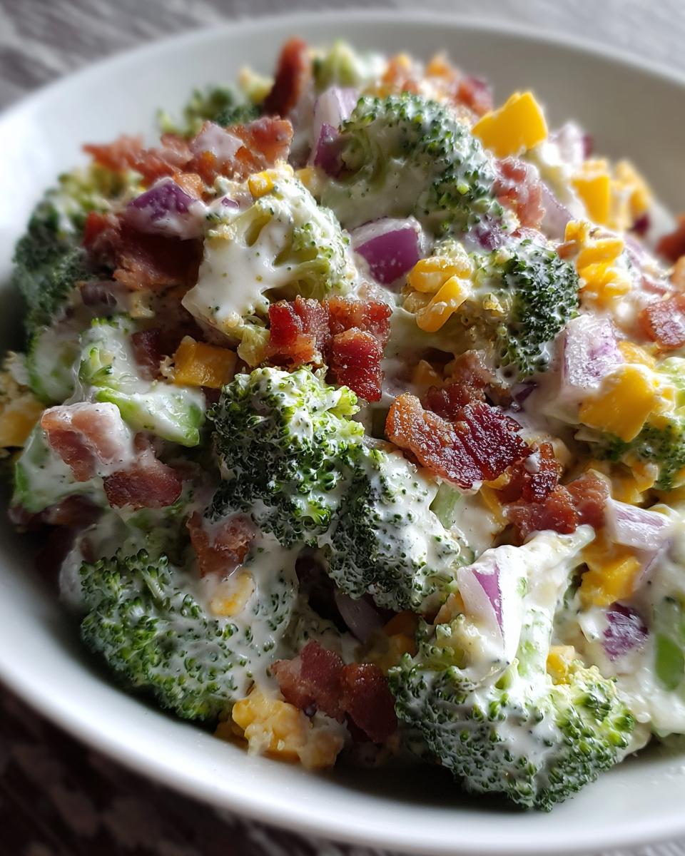 A close-up, appetizing shot of creamy broccoli salad mixed with bacon bits, red onion, and shredded cheese.