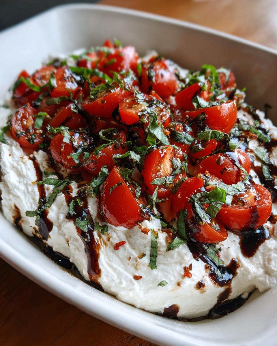 Close-up of a creamy bruschetta dip topped with halved cherry tomatoes, fresh basil, and a balsamic glaze drizzle.
