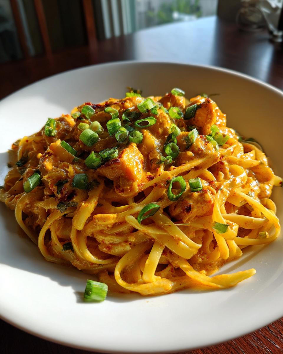 Close-up of creamy cajun chicken pasta tossed with fettuccine noodles and topped with sliced green onions.