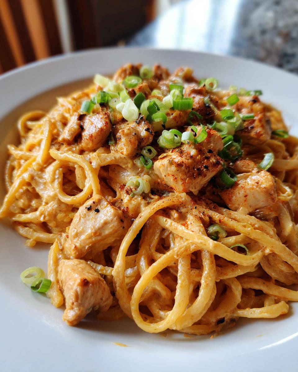 Close-up of creamy cajun chicken pasta tossed in a rich sauce and topped with chopped green onions.